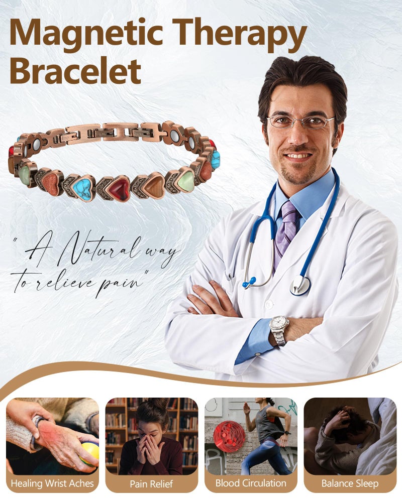 Feraco Copper Bracelet for Women-Pure Copper Magnetic Therapy Bracelets,Heart-Shaped Natural Turquoise Gem Magnetic Bracelets,Upgraded Version-3800 Gauss Effective Magnet-Bangle Gifts for Women - Image 3