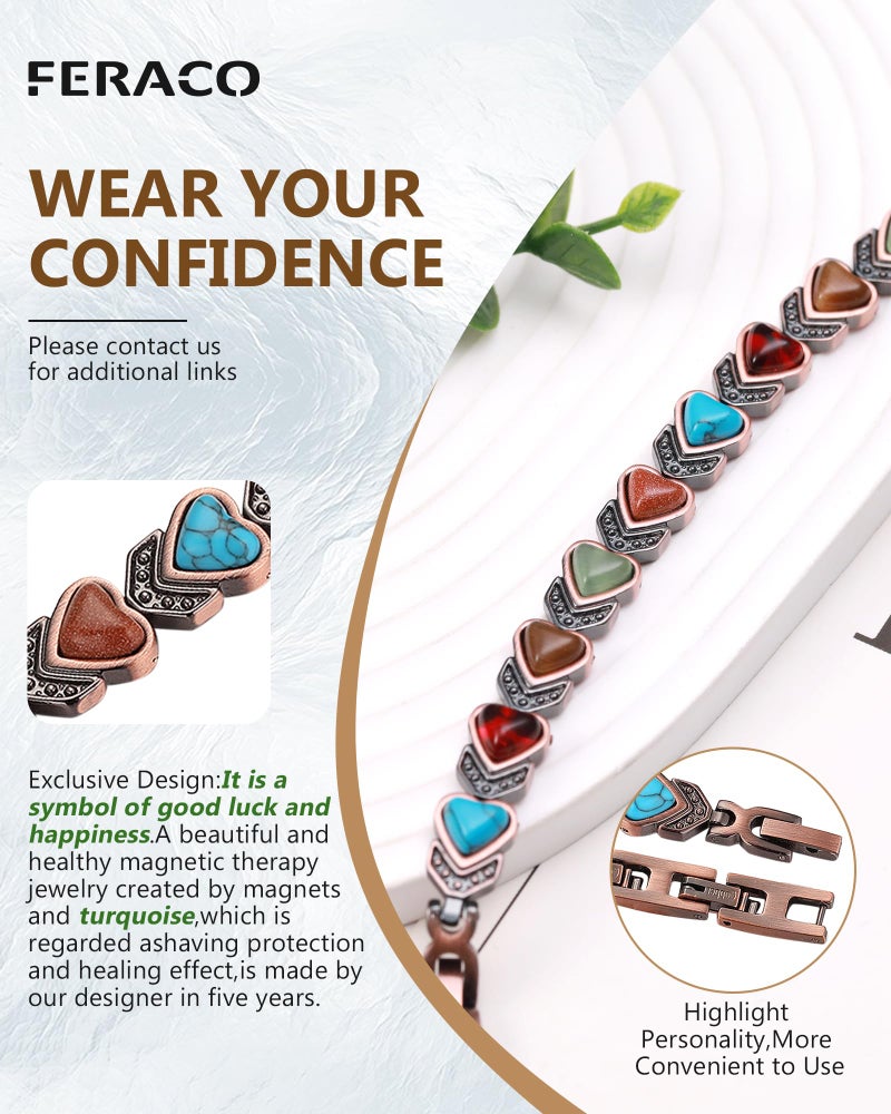 Feraco Copper Bracelet for Women-Pure Copper Magnetic Therapy Bracelets,Heart-Shaped Natural Turquoise Gem Magnetic Bracelets,Upgraded Version-3800 Gauss Effective Magnet-Bangle Gifts for Women - Image 5