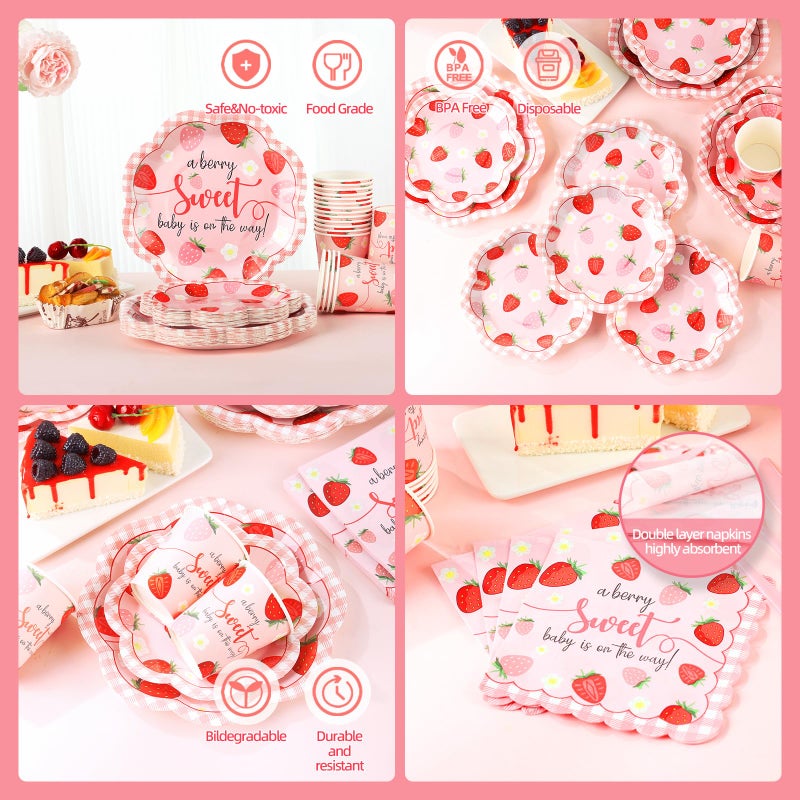 Gudvilla Strawberry Baby Shower Decorations for Girl, Berry Sweet Baby Shower Plates and Cups and Napkins Sets Serves 24, Strawberry Plates, A Berry Sweet Baby Is On The Way Decorations, Girl - Image 5