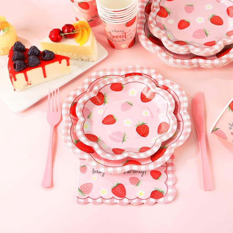 Gudvilla Strawberry Baby Shower Decorations for Girl, Berry Sweet Baby Shower Plates and Cups and Napkins Sets Serves 24, Strawberry Plates, A Berry Sweet Baby Is On The Way Decorations, Girl - Image 4