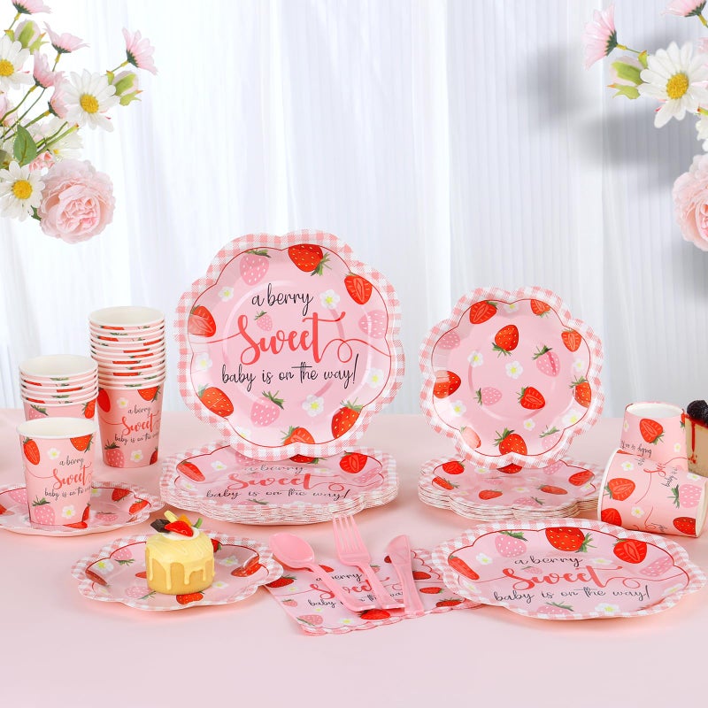 Gudvilla Strawberry Baby Shower Decorations for Girl, Berry Sweet Baby Shower Plates and Cups and Napkins Sets Serves 24, Strawberry Plates, A Berry Sweet Baby Is On The Way Decorations, Girl - Image 3