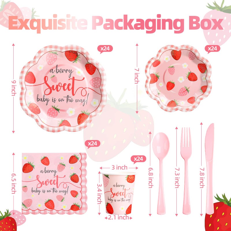 Gudvilla Strawberry Baby Shower Decorations for Girl, Berry Sweet Baby Shower Plates and Cups and Napkins Sets Serves 24, Strawberry Plates, A Berry Sweet Baby Is On The Way Decorations, Girl - Image 2