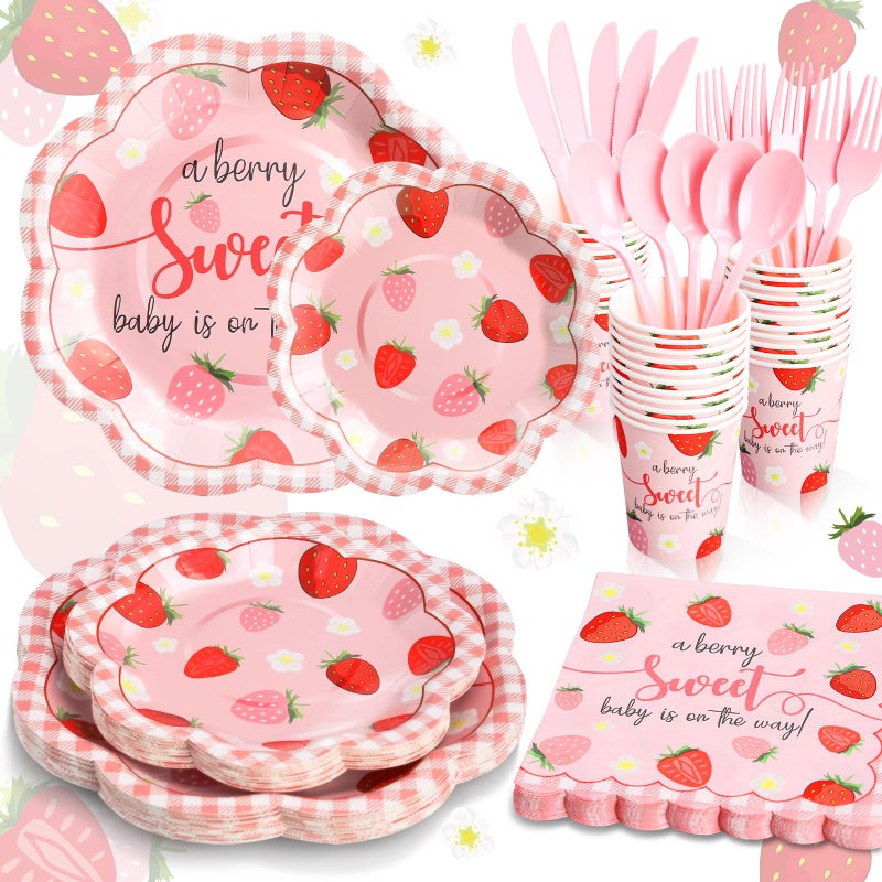 Gudvilla Strawberry Baby Shower Decorations for Girl, Berry Sweet Baby Shower Plates and Cups and Napkins Sets Serves 24, Strawberry Plates, A Berry Sweet Baby Is On The Way Decorations, Girl - Image 1