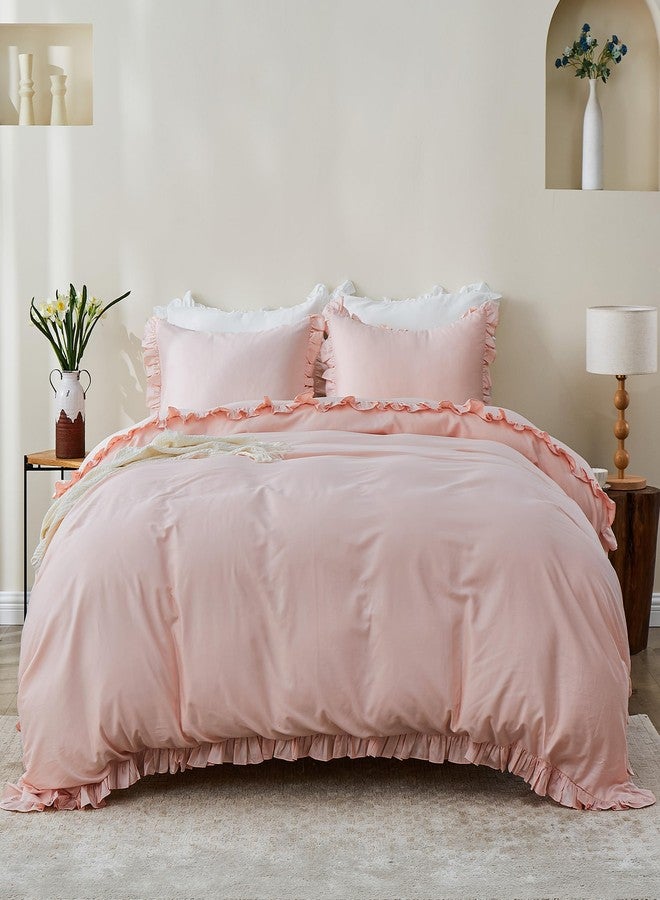 Simple&Opulence Kids 100% Organic Cotton Full Duvet Cover Ruffle 3Pcs(1 Comforter Cover 2 Pillowcases) Cute Lace Vintage Boho Shabby Chic Farmhouse Bedding Set Teen Girls(Peach Pink,Full) - Image 1