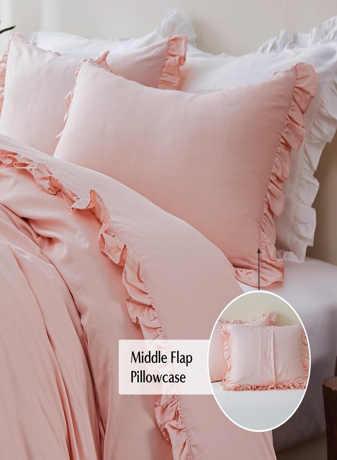 Simple&Opulence Kids 100% Organic Cotton Full Duvet Cover Ruffle 3Pcs(1 Comforter Cover 2 Pillowcases) Cute Lace Vintage Boho Shabby Chic Farmhouse Bedding Set Teen Girls(Peach Pink,Full) - Image 5