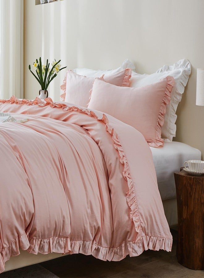 Simple&Opulence Kids 100% Organic Cotton Full Duvet Cover Ruffle 3Pcs(1 Comforter Cover 2 Pillowcases) Cute Lace Vintage Boho Shabby Chic Farmhouse Bedding Set Teen Girls(Peach Pink,Full) - Image 2