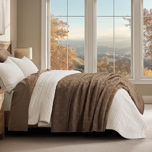 EVERGRACEHOME Modern Checkered Chenille Throw Blanket Soft Cozy Plaid Knitted Chair Blanket for Sofa Couch Decorative Knit Throw for Bed and Living Room Camel Brown 50 x 60 - Image 3