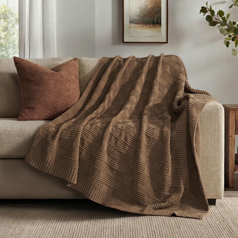 EVERGRACEHOME Modern Checkered Chenille Throw Blanket Soft Cozy Plaid Knitted Chair Blanket for Sofa Couch Decorative Knit Throw for Bed and Living Room Camel Brown 50 x 60 - Image 2
