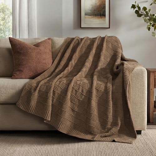 EVERGRACEHOME Modern Checkered Chenille Throw Blanket Soft Cozy Plaid Knitted Chair Blanket for Sofa Couch Decorative Knit Throw for Bed and Living Room Camel Brown 50 x 60 - Image 1