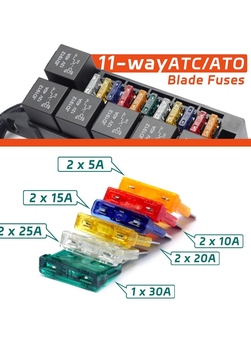 Generic - 11 Way Fuse Relay Box Block 12V Pre-Wired, Automotive Universal Fuse Block with Relay Panel, 11 Slot Fuse Box and 6 Slot 4 Pin Relay Panel - for Vehicles, Cars, Marine, Boats - Image 1