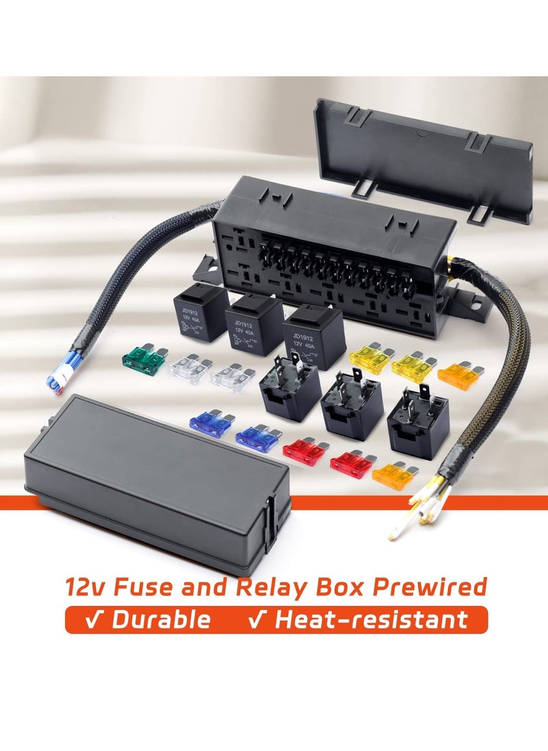 Generic - 11 Way Fuse Relay Box Block 12V Pre-Wired, Automotive Universal Fuse Block with Relay Panel, 11 Slot Fuse Box and 6 Slot 4 Pin Relay Panel - for Vehicles, Cars, Marine, Boats - Image 1