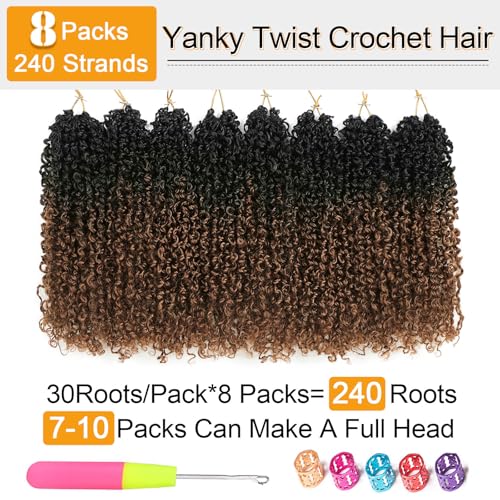 Aksice 8 Inch Yanky Twist Crochet Hair for Black Women 8 Packs Pre-looped Yankee Twist Hair Brown Spring Mini Passion Twist with Curly Ends Synthetic Crochet Braids (8 Inch, OT30#) - Image 4