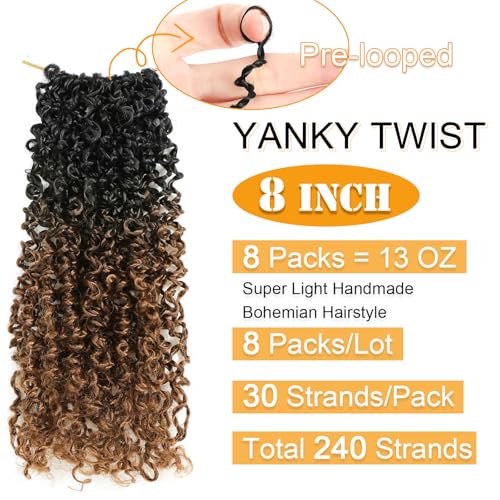 Aksice 8 Inch Yanky Twist Crochet Hair for Black Women 8 Packs Pre-looped Yankee Twist Hair Brown Spring Mini Passion Twist with Curly Ends Synthetic Crochet Braids (8 Inch, OT30#) - Image 2
