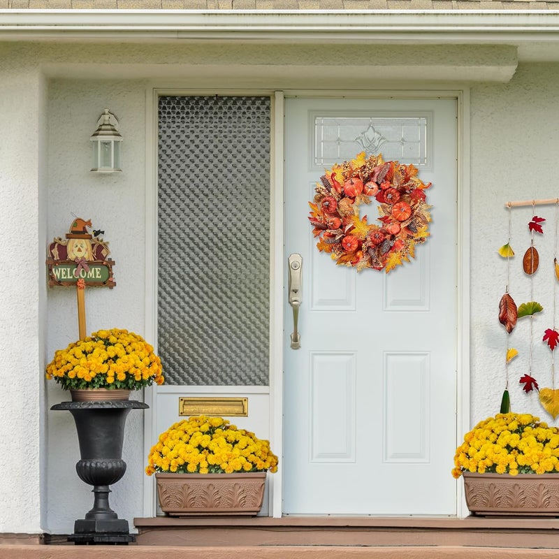 Sggvecsy Sggvecsy Artificial Fall Wreath 18 Autumn Front Door Wreath Harvest Wreath with Various Pumpkin Cluster of Berries Maple Leaves Pine Cones for Outside Indoor Wall Thanksgiving Fall Autumn Decor  - Image 5