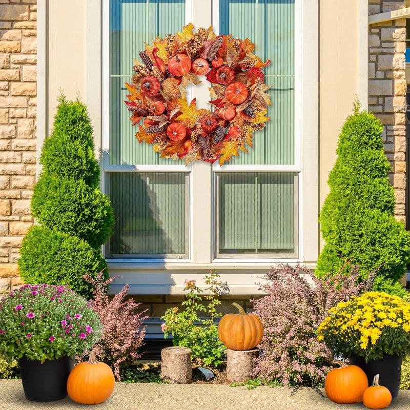 Sggvecsy Sggvecsy Artificial Fall Wreath 18 Autumn Front Door Wreath Harvest Wreath with Various Pumpkin Cluster of Berries Maple Leaves Pine Cones for Outside Indoor Wall Thanksgiving Fall Autumn Decor  - Image 4