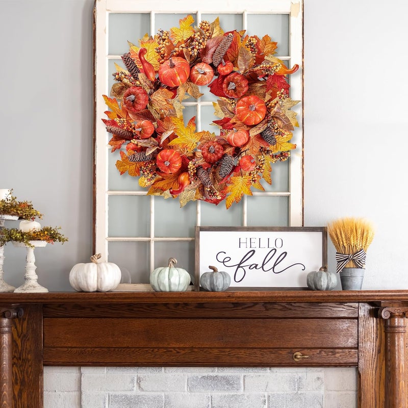 Sggvecsy Sggvecsy Artificial Fall Wreath 18 Autumn Front Door Wreath Harvest Wreath with Various Pumpkin Cluster of Berries Maple Leaves Pine Cones for Outside Indoor Wall Thanksgiving Fall Autumn Decor  - Image 3