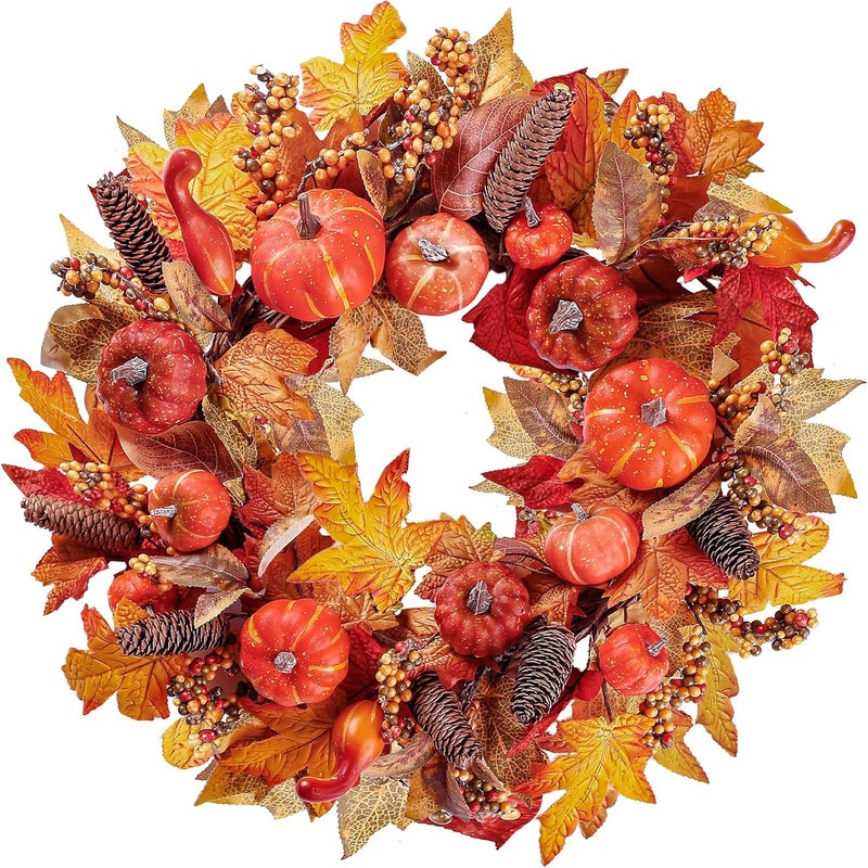 Sggvecsy Sggvecsy Artificial Fall Wreath 18 Autumn Front Door Wreath Harvest Wreath with Various Pumpkin Cluster of Berries Maple Leaves Pine Cones for Outside Indoor Wall Thanksgiving Fall Autumn Decor  - Image 1