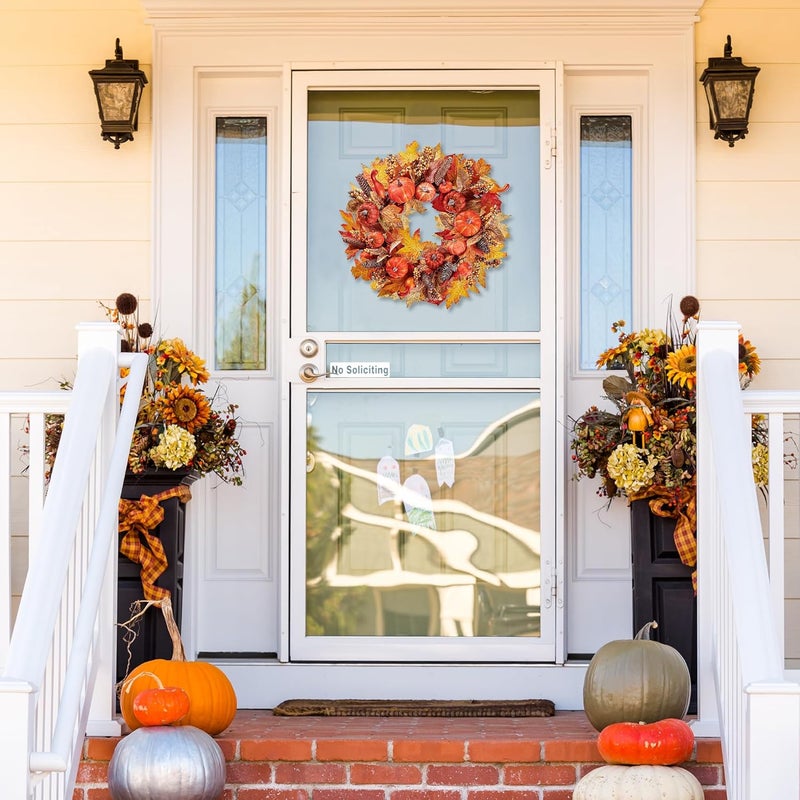 Sggvecsy Sggvecsy Artificial Fall Wreath 18 Autumn Front Door Wreath Harvest Wreath with Various Pumpkin Cluster of Berries Maple Leaves Pine Cones for Outside Indoor Wall Thanksgiving Fall Autumn Decor  - Image 2