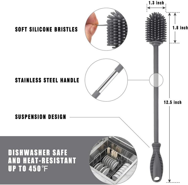 ddLUCK Silicone Bottle Cleaning Brush with Long Handle, 12.5" Water Bottle Cleaner for Baby Bottles, Hydro Flask, Sports Bottle, Vase, Glassware, Perfect for Smaller Diameter Bottle Openings (One Pack) - Image 4