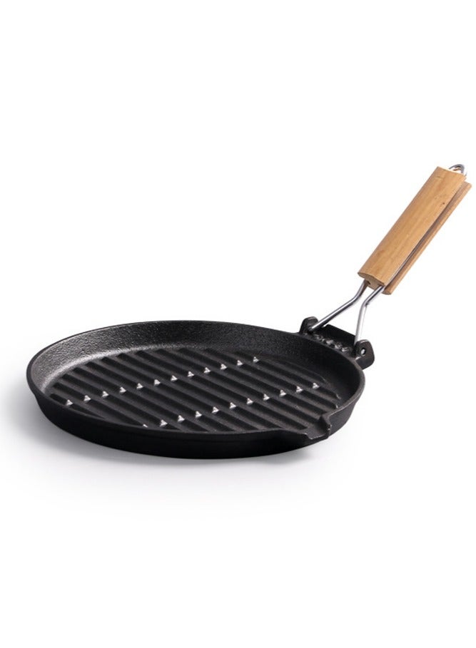 عام مقلاة دائرية مخططة غير مطلية ومُعزّزة السماكة، مقبض خشبي قابل للطي، مقلاة حديد على الطراز الغربي لتشويح الستيك، مقلاة صغيرة. - Image 1