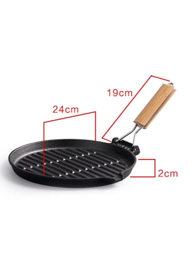 عام مقلاة دائرية مخططة غير مطلية ومُعزّزة السماكة، مقبض خشبي قابل للطي، مقلاة حديد على الطراز الغربي لتشويح الستيك، مقلاة صغيرة. - Image 2