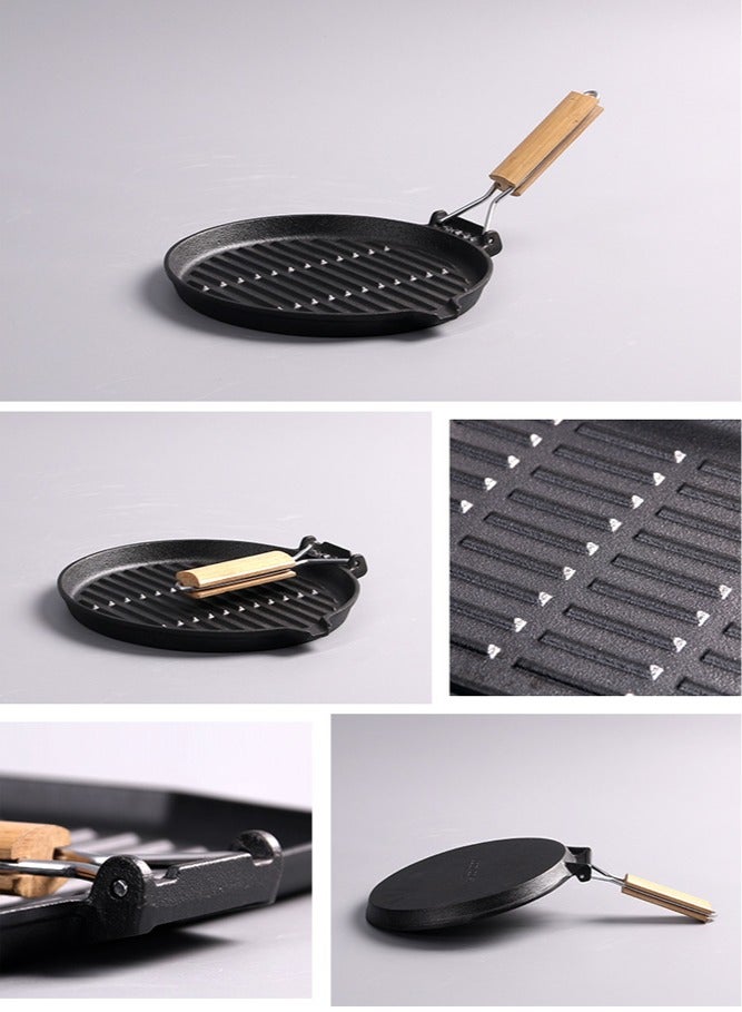 عام مقلاة دائرية مخططة غير مطلية ومُعزّزة السماكة، مقبض خشبي قابل للطي، مقلاة حديد على الطراز الغربي لتشويح الستيك، مقلاة صغيرة. - Image 3