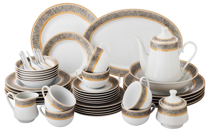 دانيا طقم سفرة 6 أشخاص من البورسلان الأبيض الناصع مع ديكور ذهبي عدد القطع 49 قطعة - Image 1