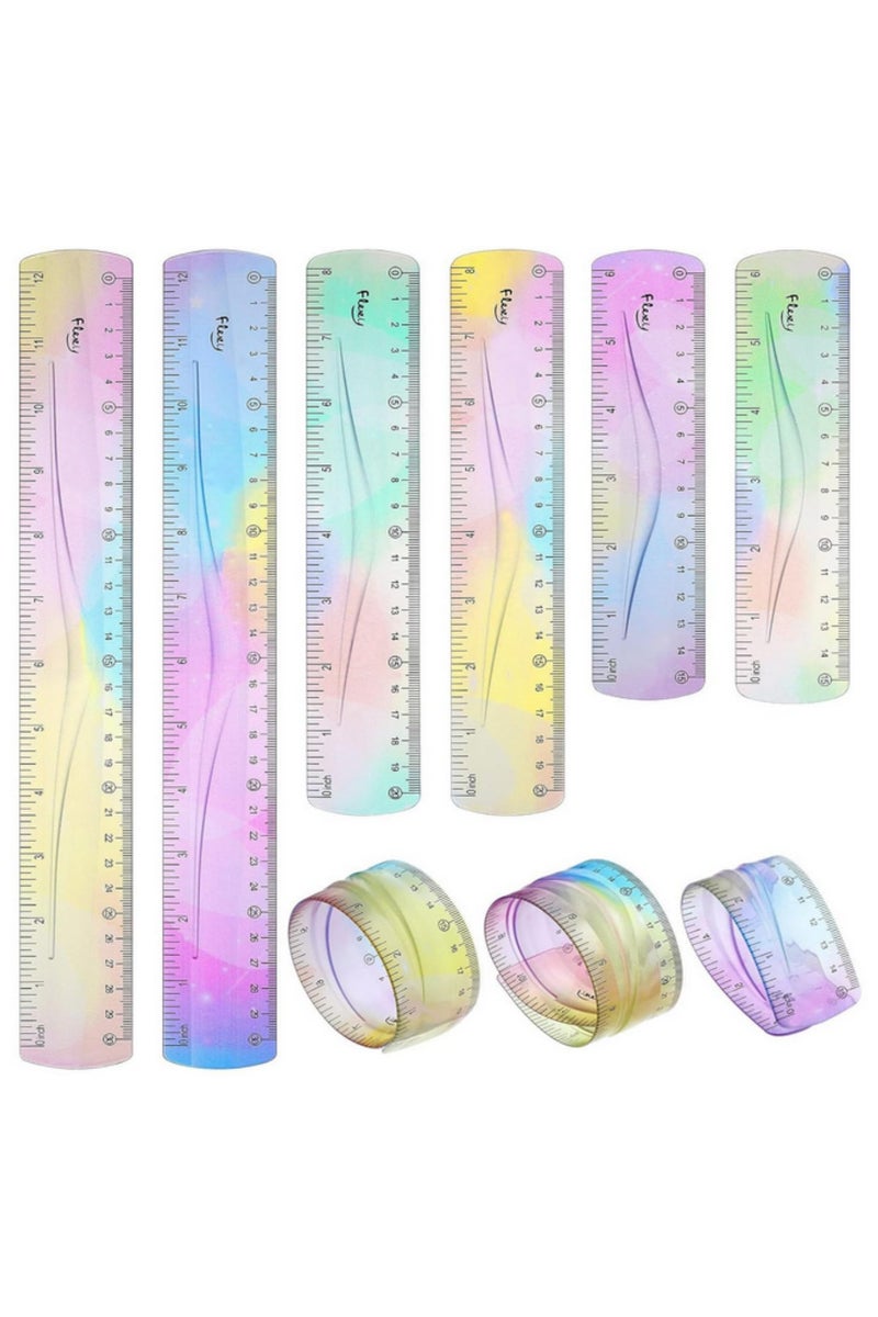 6 قطع مجموعة مساطر مرنة قابلة للثني 12 8 6 بوصة مساطر بلاستيكية مرنة مع قياسات البوصة والسنتيمتر تصميم قوس قزح ملون للمدرسة المنزل المكتب الطلاب المعلمين الفنانين - Image 1