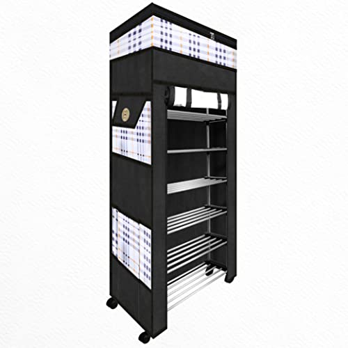 TRENDY Metal Multipurpose Foldable Shoe Rack For Home With Cover | 360 ° Rotating Wheels, Dustproof Zip Cover With Side And Zipper Top Pockets, 30 X 57 X130 cm - Image 1