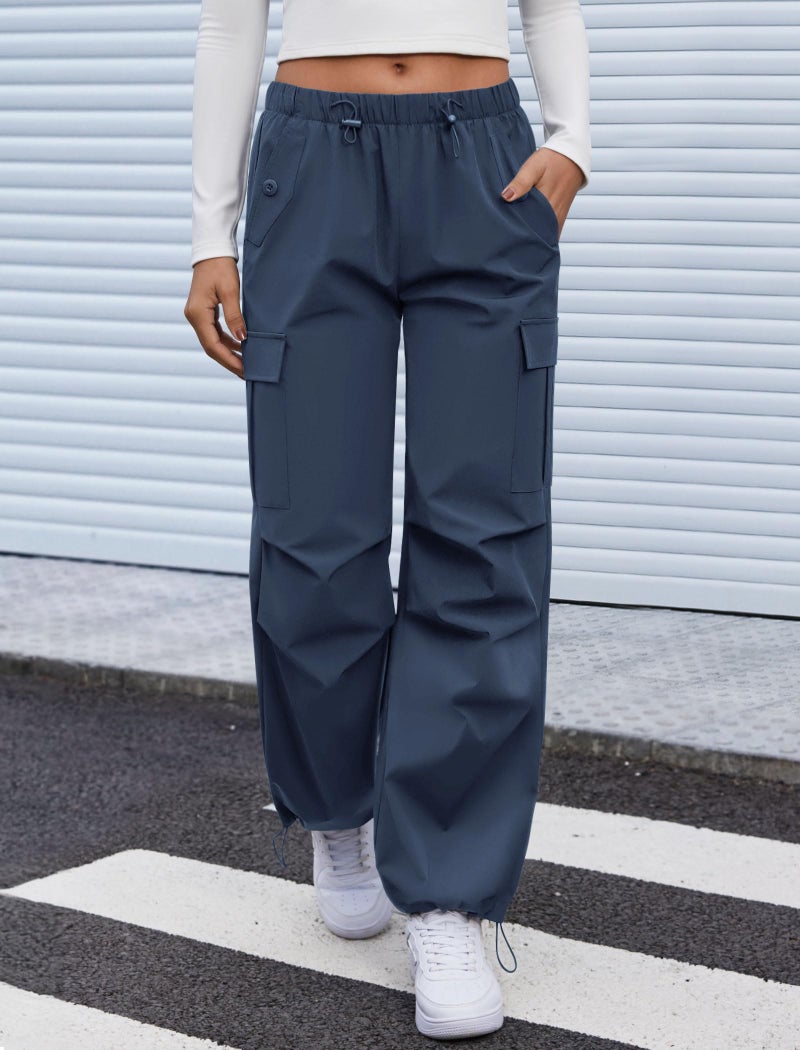 COPYLEAF Cargo Pants Women Elastic Waisted Parachute Hiking Pants with Pockets Water Resistant Lightweight Baggy Pants(Navy Blue L) - Image 2