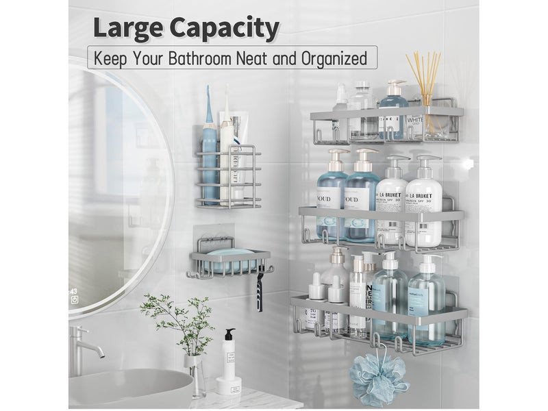 Liuoud 5 Pack Shower Caddy Organizer Rack Shelf for Inside Shower, Self Adhesive Bathroom Wall Storage Basket Rustproof Stainless Steel Large Capacity Shampoo Holder, Grey - Image 2