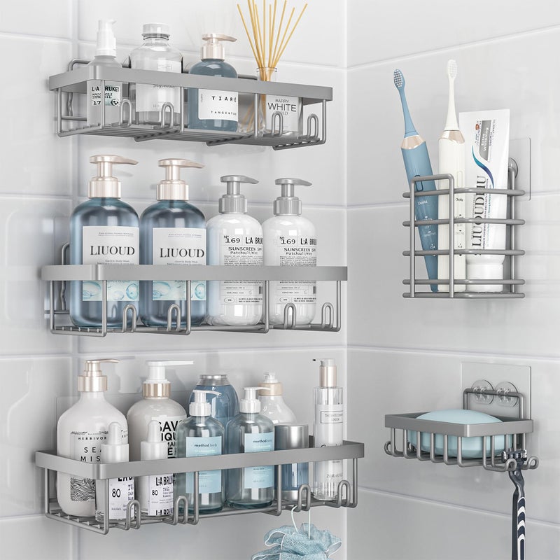Liuoud 5 Pack Shower Caddy Organizer Rack Shelf for Inside Shower, Self Adhesive Bathroom Wall Storage Basket Rustproof Stainless Steel Large Capacity Shampoo Holder, Grey - Image 1