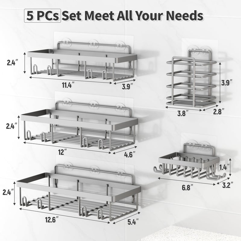 Liuoud 5 Pack Shower Caddy Organizer Rack Shelf for Inside Shower, Self Adhesive Bathroom Wall Storage Basket Rustproof Stainless Steel Large Capacity Shampoo Holder, Grey - Image 5