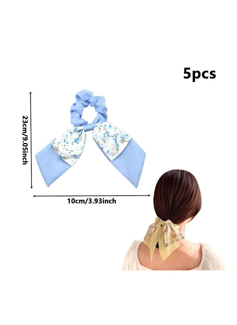 SYOSI - SYOSI 5PCS Hair Scarf Scrunchies Bow Knot Hair Ties, Floral Hair Scrunchies with Ribbon Bow,Ponytail Holders, Chiffon Hair Bands Elastic Hairbands Stain Bowknot Hair Tie for Women and Girls - Image 1