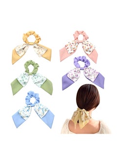 SYOSI 5PCS Hair Scarf Scrunchies Bow Knot Hair Ties, Floral Hair Scrunchies with Ribbon Bow,Ponytail Holders, Chiffon Hair Bands Elastic Hairbands Stain Bowknot Hair Tie for Women and Girls