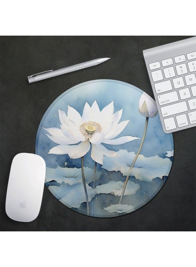 Watercolor Lotus Round Portable Laptop Creative Mouse Pad Waterproof Thickened Lock Edge Non-slip Office Desk Mat Cute-Color:250x250mm-3mm-Pattern:Round Mouse Pad-watercolor Lotus 3  - Image 3