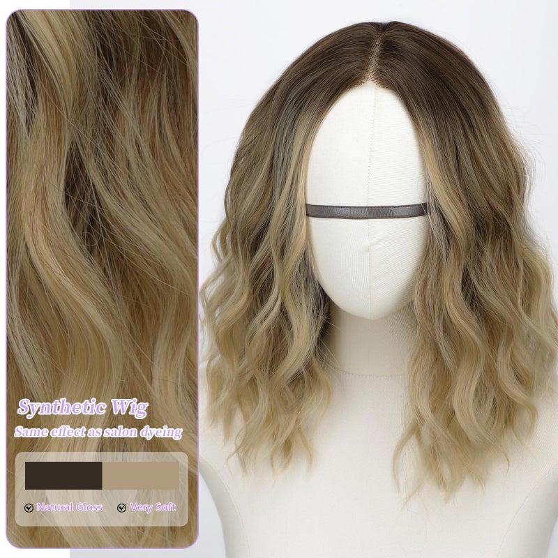 AISI HAIR 14 Inch Ombre Blonde Wigs for Women - Shoulder Length Wave Wig with Pre-Cut Lace Hairline, Middle Part Natural Wavy Bob Synthetic Heat Resistant Fiber for Daily and Party - Image 3