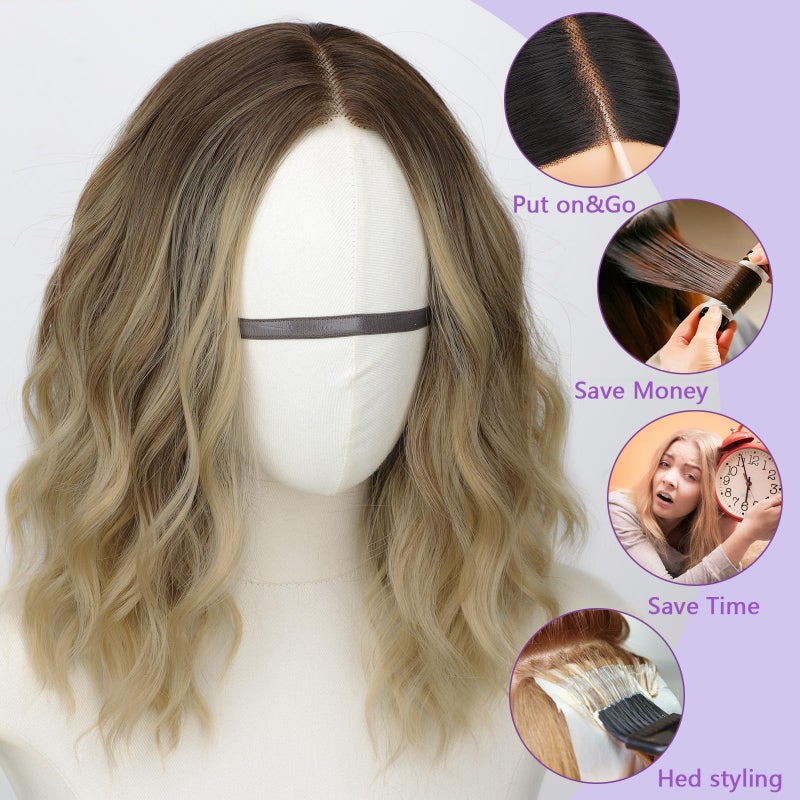 AISI HAIR 14 Inch Ombre Blonde Wigs for Women - Shoulder Length Wave Wig with Pre-Cut Lace Hairline, Middle Part Natural Wavy Bob Synthetic Heat Resistant Fiber for Daily and Party - Image 2