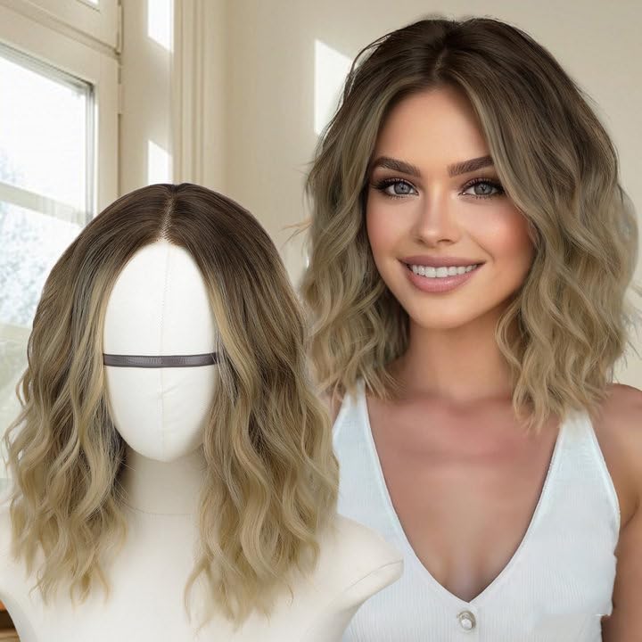 AISI HAIR 14 Inch Ombre Blonde Wigs for Women - Shoulder Length Wave Wig with Pre-Cut Lace Hairline, Middle Part Natural Wavy Bob Synthetic Heat Resistant Fiber for Daily and Party - Image 1