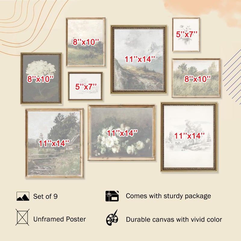 KBKBART Vintage Wall Art French Country Wall Decor, Vintage Posters for Room Aesthetic Picture, Dark Green Antique European Landscape Flower Meadow Gallery Canvas Art Prints Painting for Bedroom Living Room, - Image 2