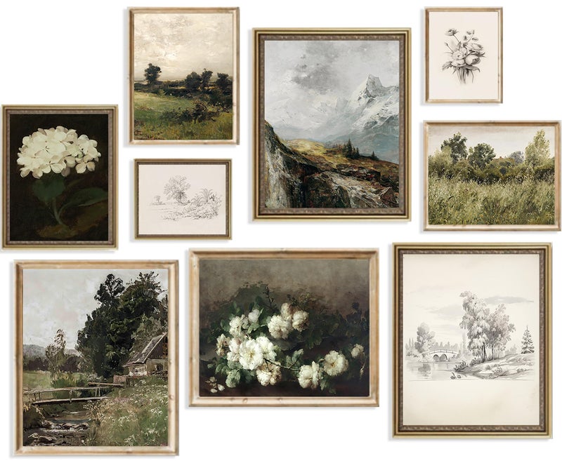 KBKBART Vintage Wall Art French Country Wall Decor, Vintage Posters for Room Aesthetic Picture, Dark Green Antique European Landscape Flower Meadow Gallery Canvas Art Prints Painting for Bedroom Living Room, - Image 1