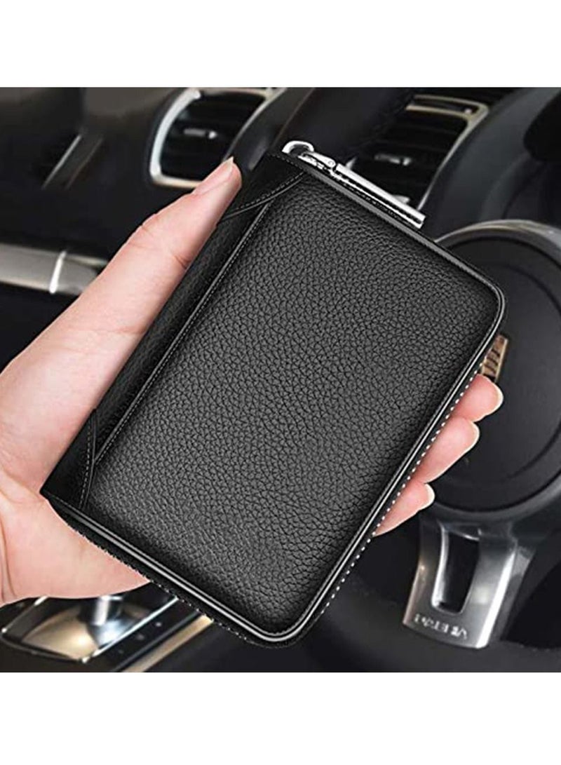 KASTWAVE Leather business card holder business card case credit card wallet men's wallet zipper leather RFID card holder zipper coin purse (black) - Image 2