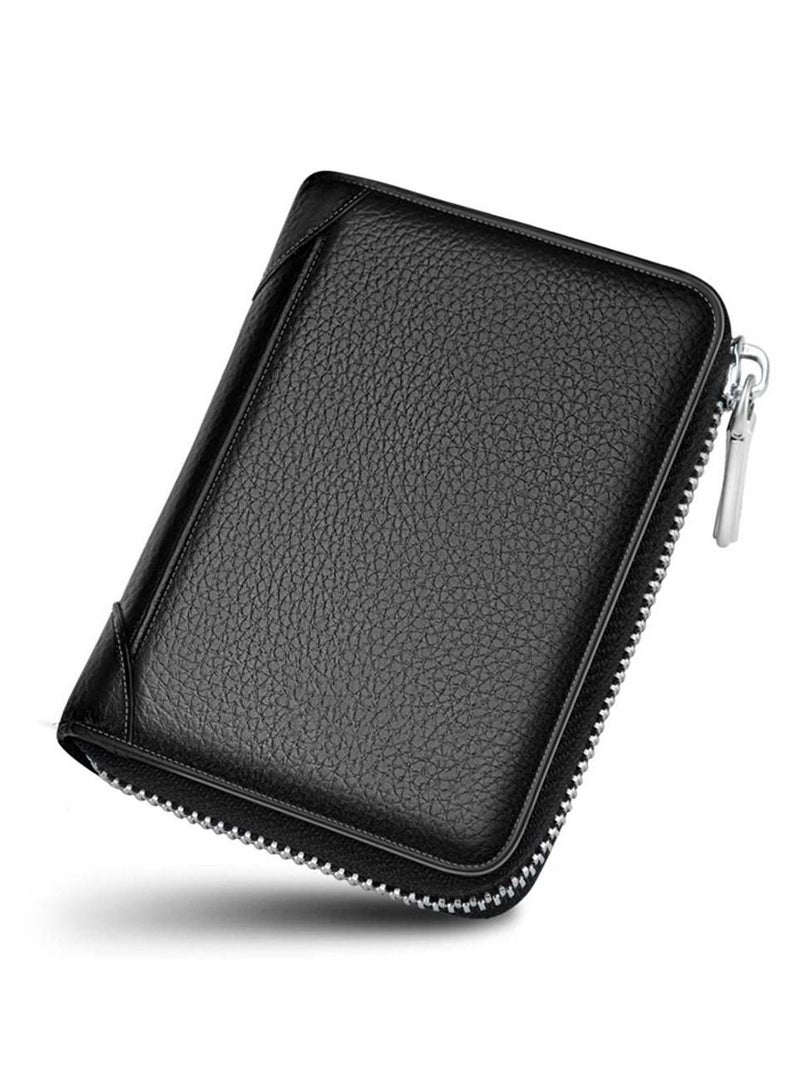 KASTWAVE Leather business card holder business card case credit card wallet men's wallet zipper leather RFID card holder zipper coin purse (black) - Image 1