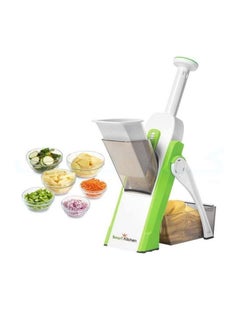 5 in 1 Mandoline Vegetable Slicer with a collection basin suitable for potatoes, onions, cucumbers, and cutting into cubes, slices, and other shapes. Cut vegetables easily without your hand touching the blades.  It has two different blades to cut into different shapes.  It has a brush to clean the blades safely.  It has a part where you can easily crush garlic.  You can easily adjust its levels through the regulator.  You can cut 6 different sizes from 0.5 mm to 8 mm.  It has a part where the food falls during cutting.  The blades are made of stainless steel.  You can clean them easily. Easy to clean.  They will not take up space in your kitchen because they are flexible and easy to bend.