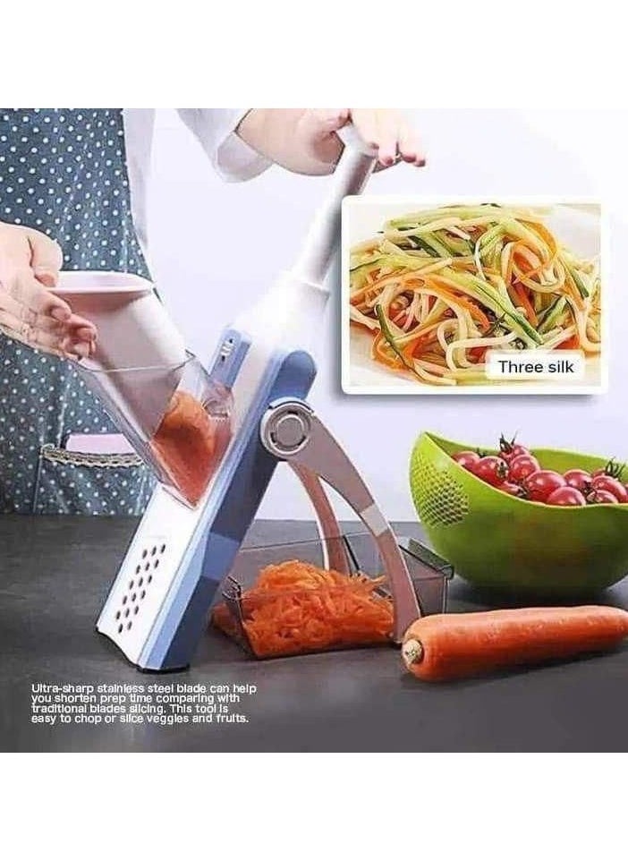 Generic - 5 in 1 Mandoline Vegetable Slicer with a collection basin suitable for potatoes, onions, cucumbers, and cutting into cubes, slices, and other shapes. Cut vegetables easily without your hand touching the blades.  It has two different blades to cut into different shapes.  It has a brush to clean the blades safely.  It has a part where you can easily crush garlic.  You can easily adjust its levels through the regulator.  You can cut 6 different sizes from 0.5 mm to 8 mm.  It has a part where the food falls during cutting.  The blades are made of stainless steel.  You can clean them easily. Easy to clean.  They will not take up space in your kitchen because they are flexible and easy to bend. - Image 1
