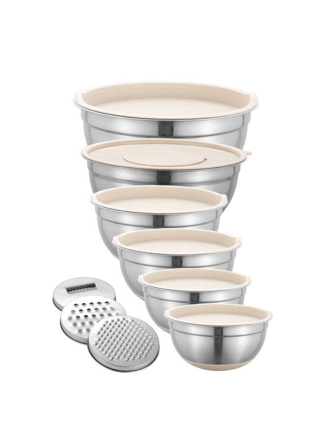 Stainless Steel Salad Basin Khachi Black Silicone Bottom Anti-slip Belt Cover Belt Planing Wire Egg Beater Suit Baking Mixing Basin-Specifications:18-20-22-24-26 Mother-in-law Cover-28 (khaki Cover + Silicone Bottom + Grater)-Color:Default Items  - Image 1