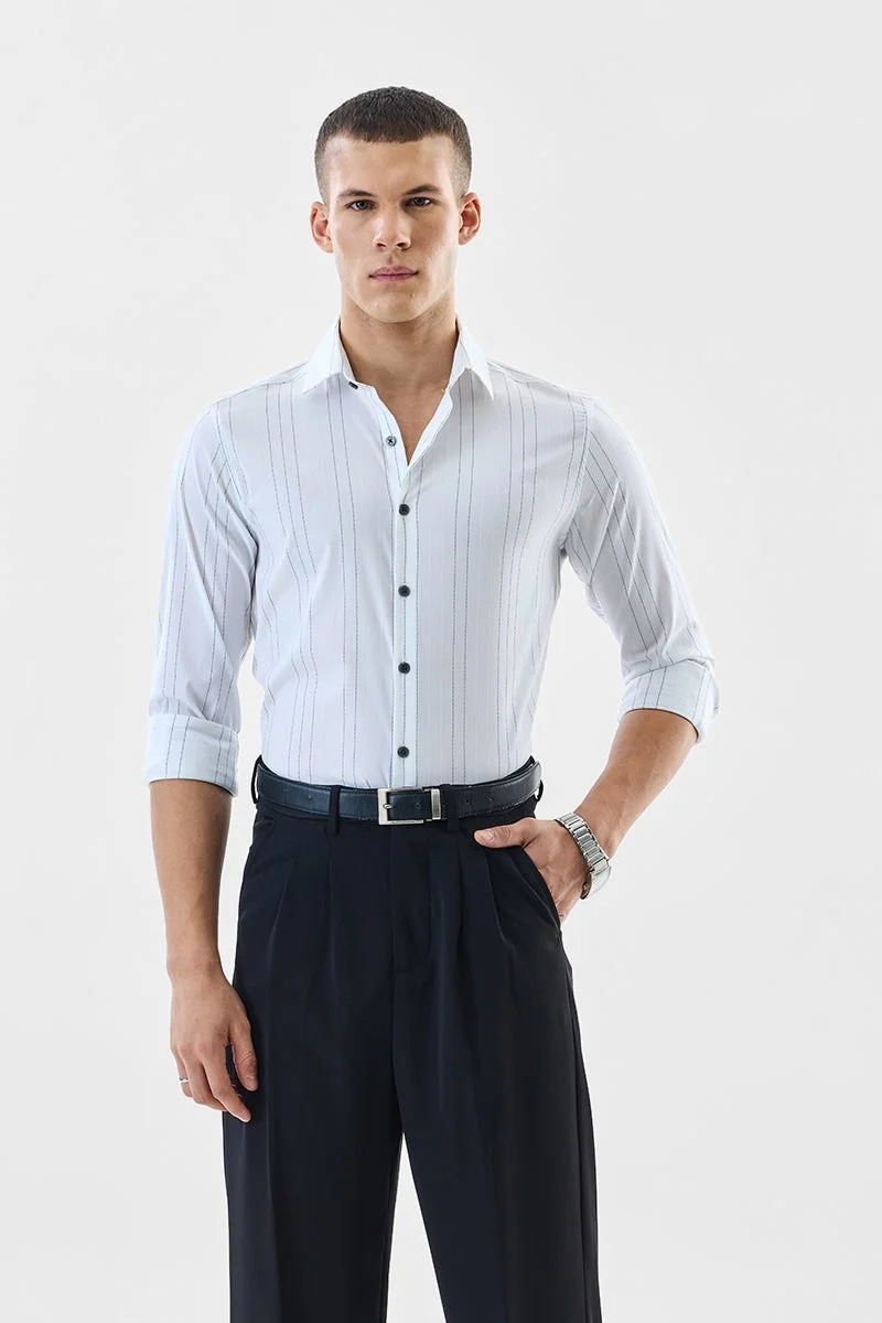 SNITCH White Striped Long Sleeve Slim Fit Formal Luxe Shirt