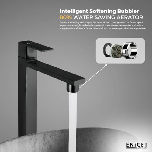 ENICET 12 Inch Wash Basin Tap, Matte Black, SS-304, Table Top Basin Tap, High Neck Pillar Cock, Black Taps for Bathroom, Tall Extended Body, Foam Flow (TE120BLACK) - Image 2