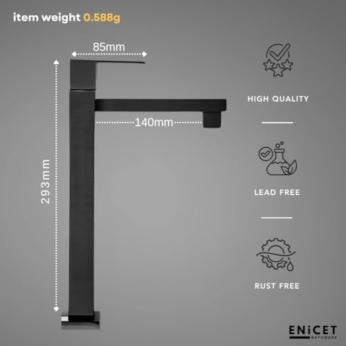 ENICET 12 Inch Wash Basin Tap, Matte Black, SS-304, Table Top Basin Tap, High Neck Pillar Cock, Black Taps for Bathroom, Tall Extended Body, Foam Flow (TE120BLACK) - Image 5