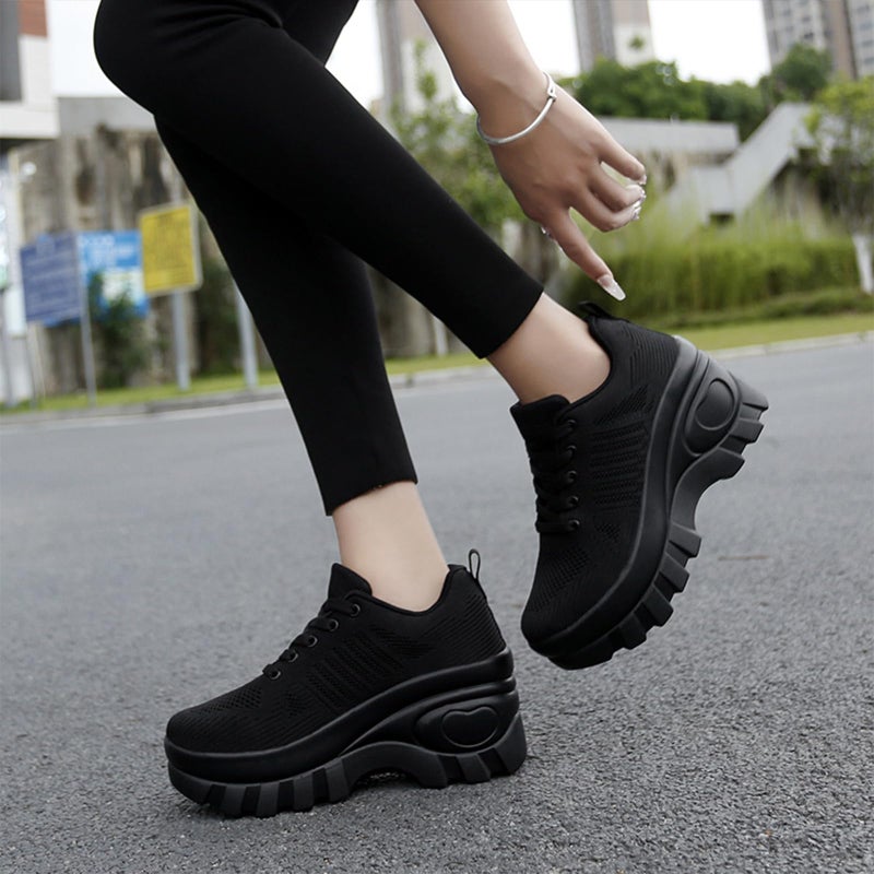 XBLDU Women's Chunky Platform Comfort Orthopedic Wedge Walking Shoes Fashion Knitted Breathable Lace Up Lug Sole Casual Non-Slip Running Shoes With Arch Support (black, Adult, Women, 8.5, Numeric, US Footwear Size System, Medium) - Image 2